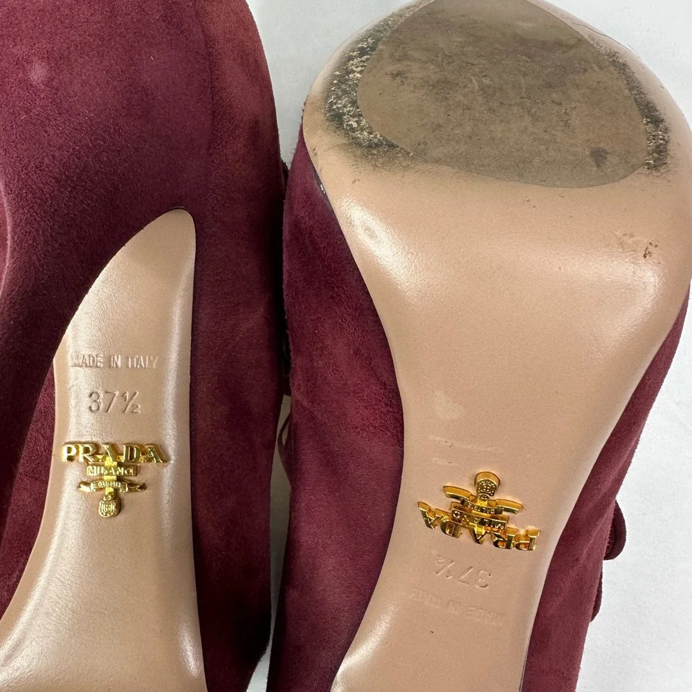 Prada Burgundy Suede Double Strap Mary Jane Peep Toe Platform Heels Size 37.5